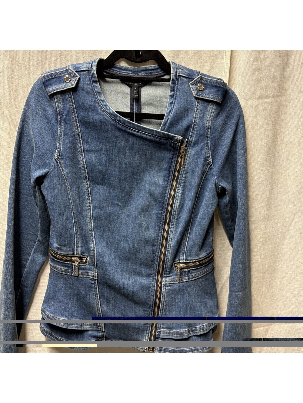 NWT White House Black Market Womens Blue Denim Moto Jacket size Small